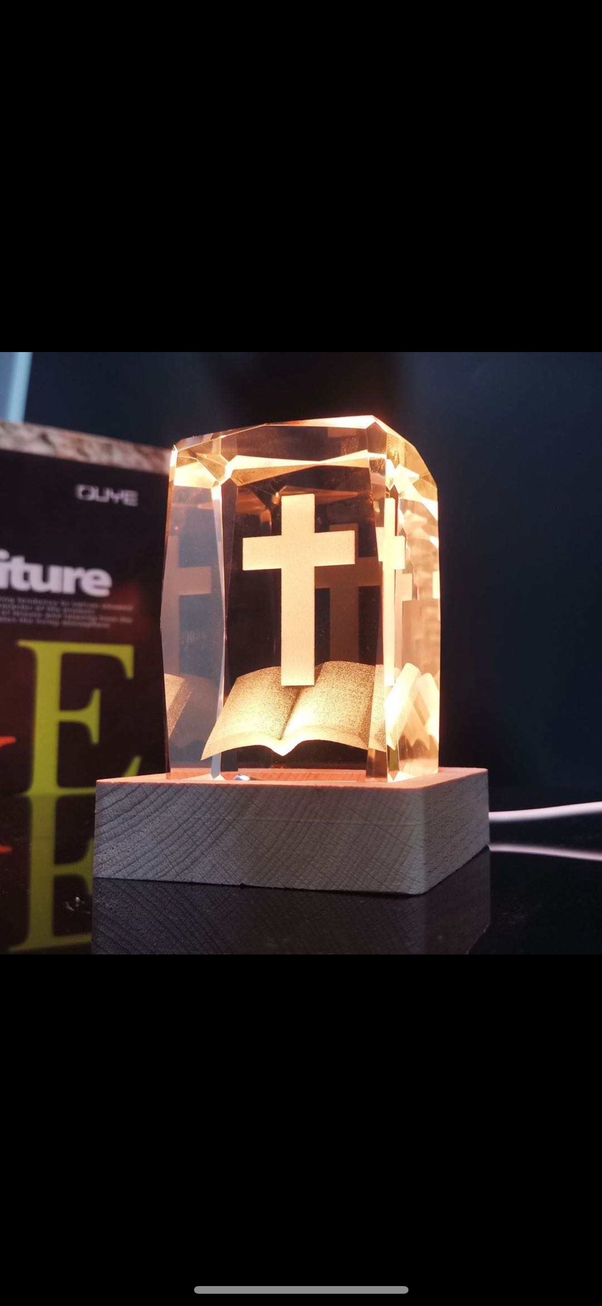Bible & Cross. K9 Glass with light stand. Praying Light Stand. Great Night light keeps us Remember God.