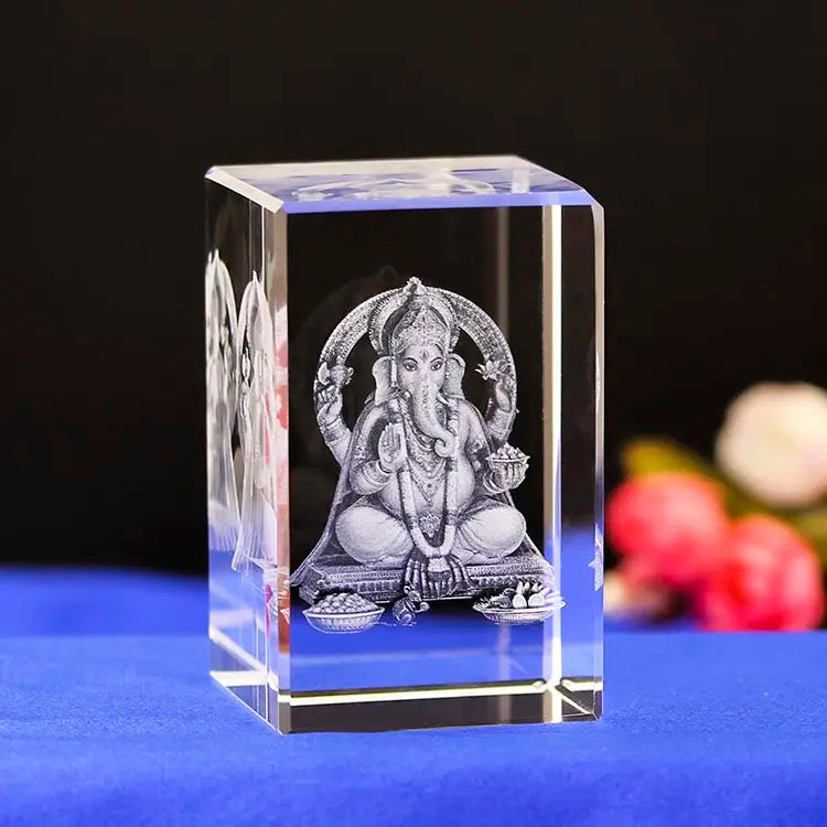Lord Ganesha. k9 Glass with Led Multi Color Rotating Base. Gift Set Box