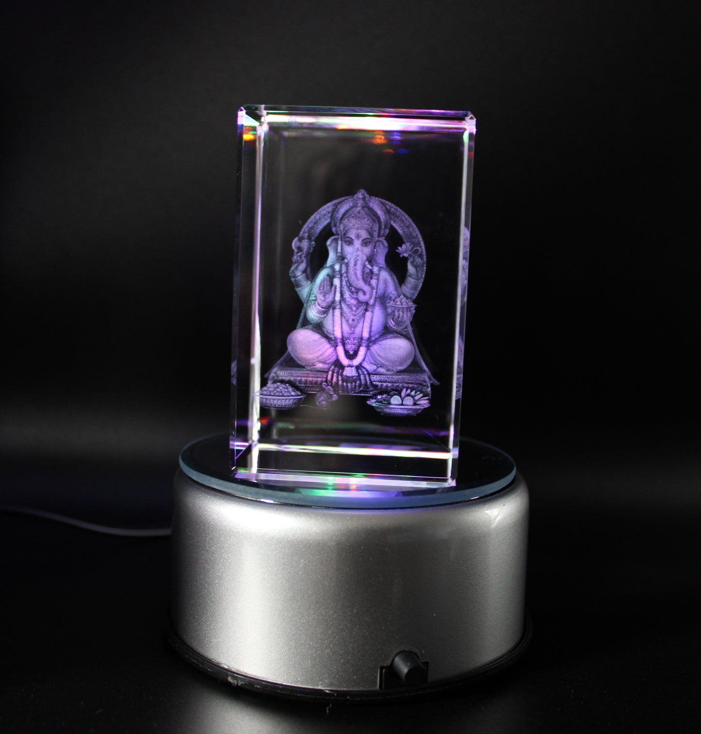 Lord Ganesha. k9 Glass with Led Multi Color Rotating Base. Gift Set Box