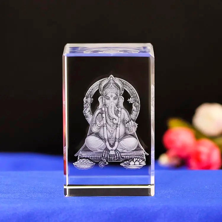 Lord Ganesha. k9 Glass with Led Multi Color Rotating Base. Gift Set Box