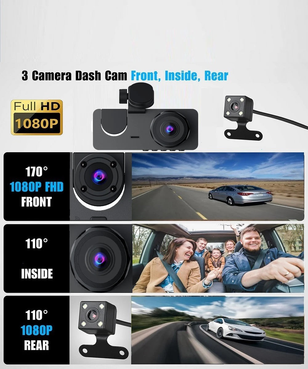 Car Video Recorder. 3 Camera Dash Car DVR Night Vision