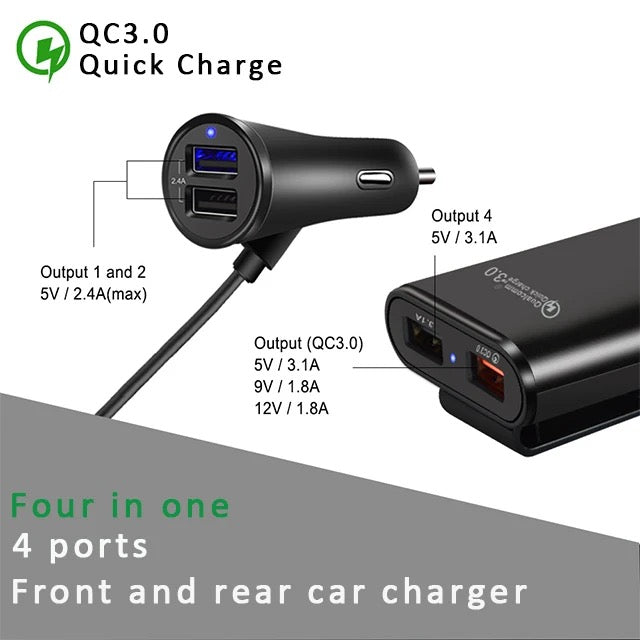 4 in 1 QC 3.0 Car Charger. 1.7m Cable 5v 8A front Rear power Adapter.