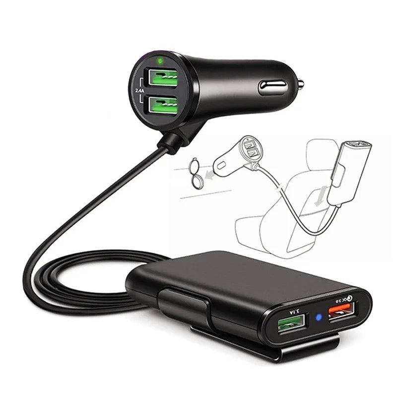 4 in 1 QC 3.0 Car Charger. 1.7m Cable 5v 8A front Rear power Adapter.
