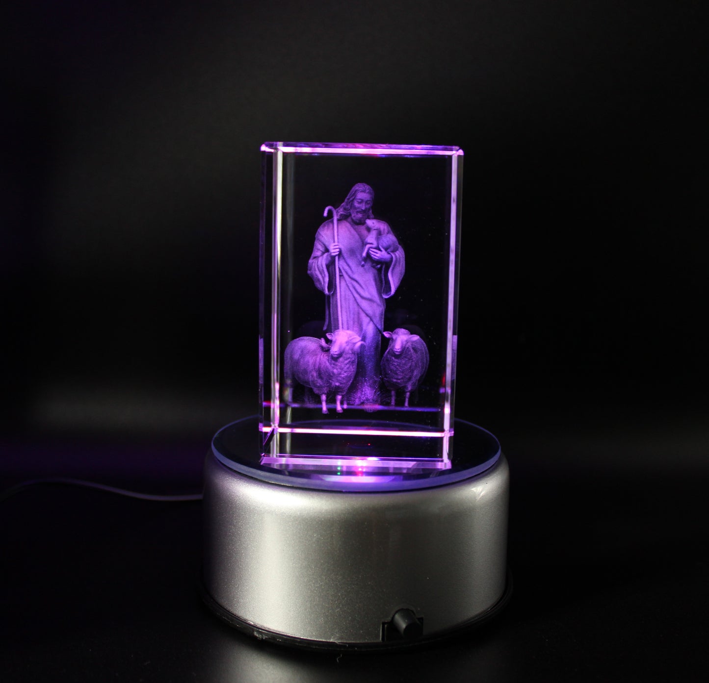 Jesus Christ with Sheeps. K9 Glass with Multi Color Led Rotating Base. Gift set Box