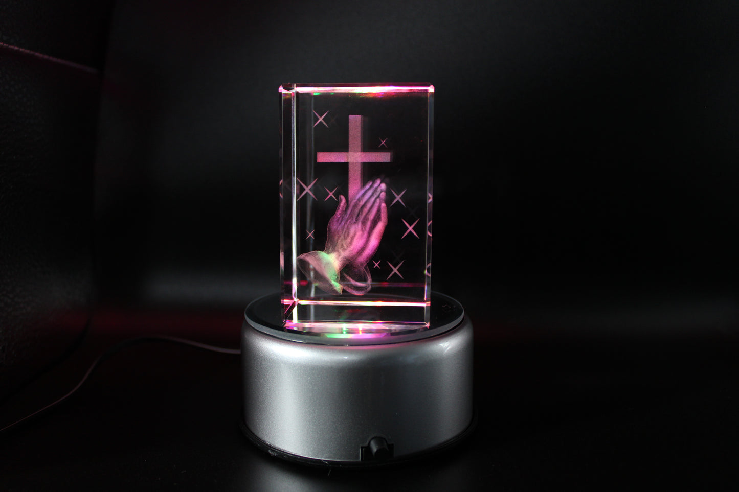 Praying Hands w Holy Cross. k9 Glass with Led Multi Color Rotating Base. Gift Set Box