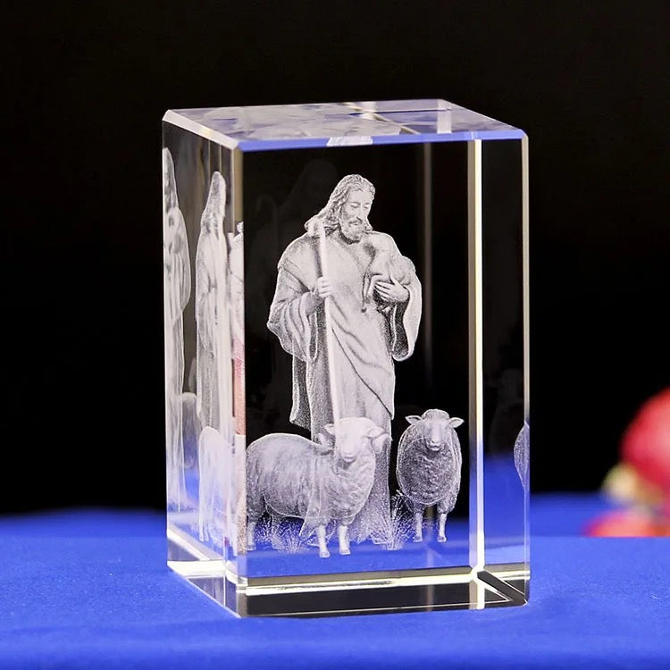 Jesus Christ with Sheeps. K9 Glass with Multi Color Led Rotating Base. Gift set Box