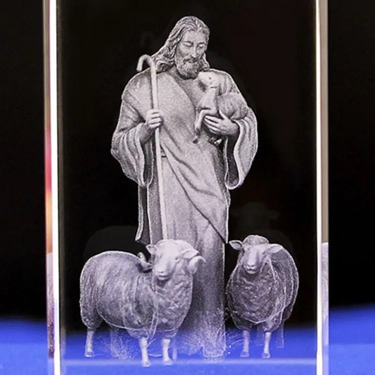Jesus Christ with Sheeps. K9 Glass with Multi Color Led Rotating Base. Gift set Box