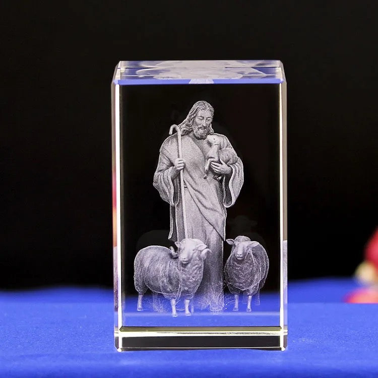 Jesus Christ with Sheeps. K9 Glass with Multi Color Led Rotating Base. Gift set Box