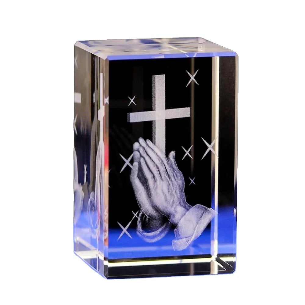Praying Hands w Holy Cross. k9 Glass with Led Multi Color Rotating Base. Gift Set Box