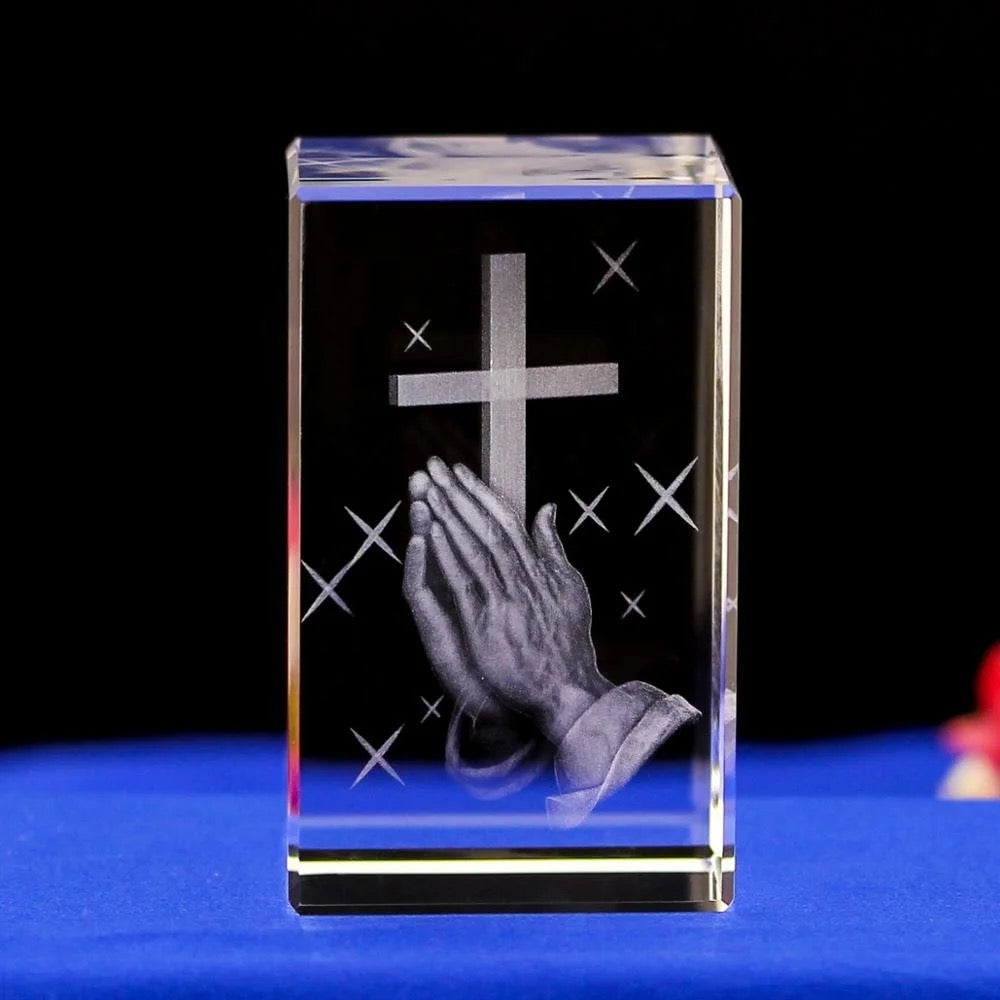 Praying Hands w Holy Cross. k9 Glass with Led Multi Color Rotating Base. Gift Set Box