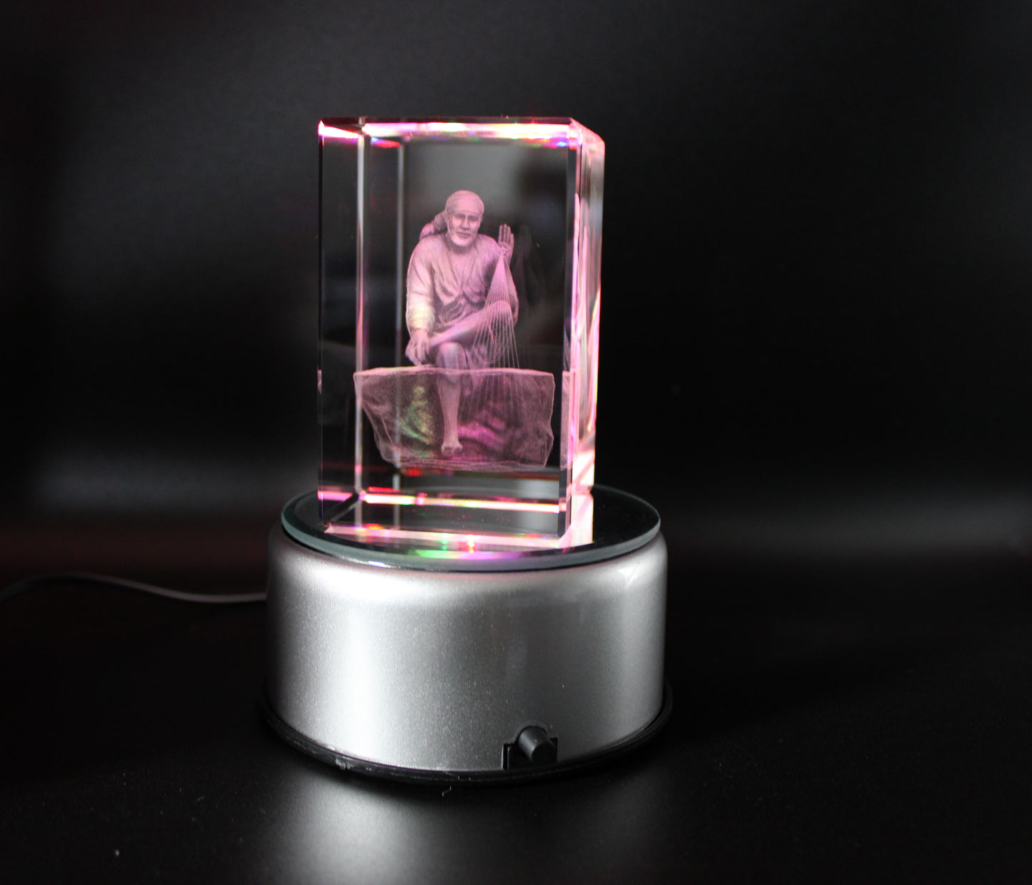 Sai Baba Ji. K9 Glass, Led Rotating Base with Multi Color. Gift set