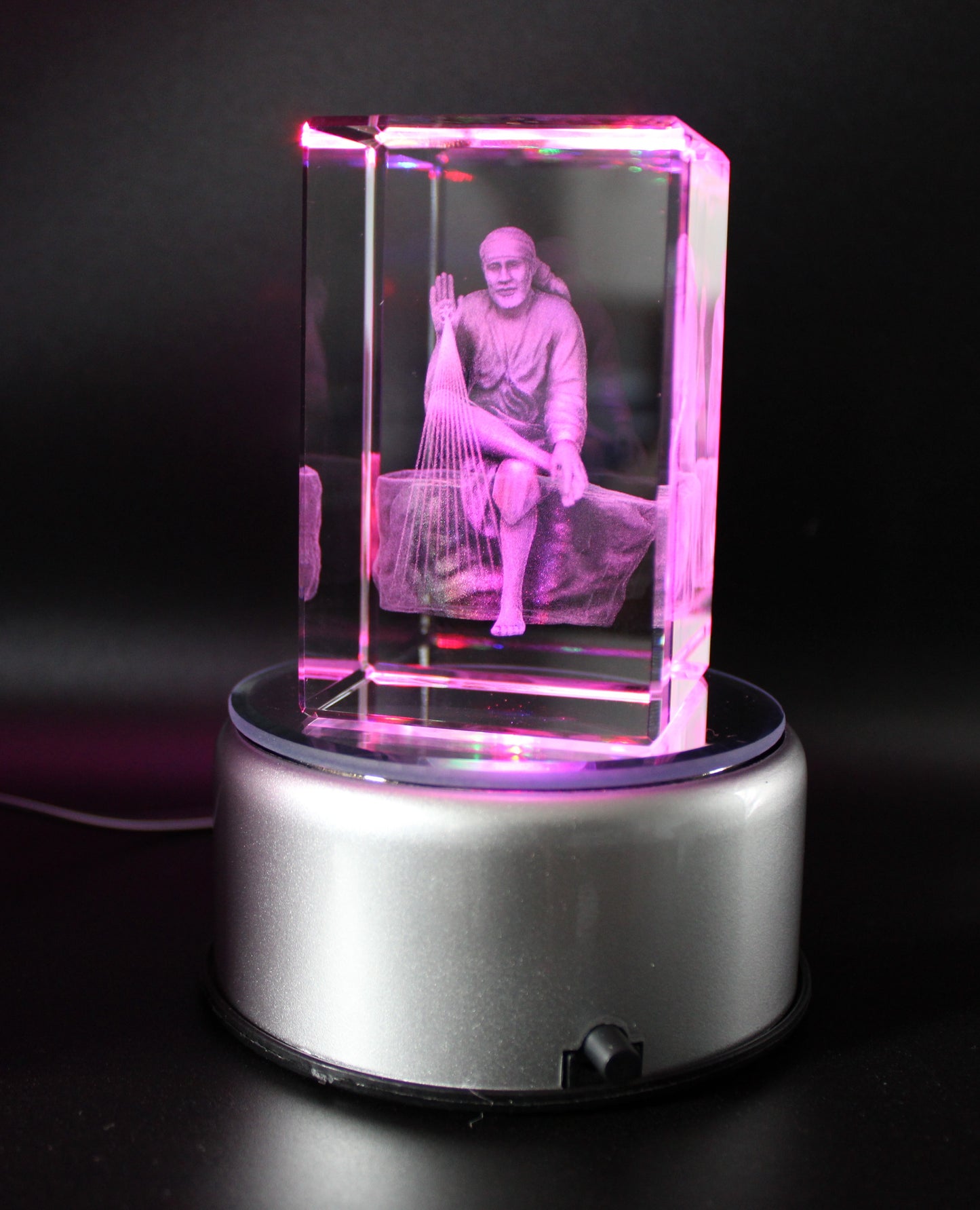 Sai Baba Ji. K9 Glass, Led Rotating Base with Multi Color. Gift set