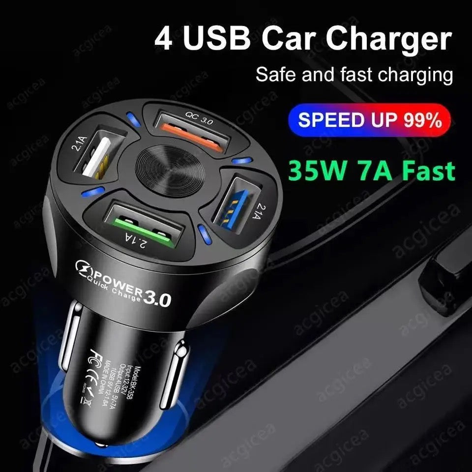4 ports. Usb quick Car charger. 18W fast Charging in car