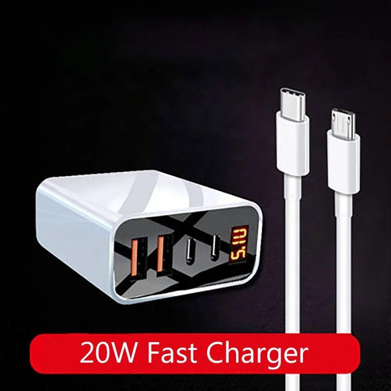 20w Fast Wall Charger with 4 Ports. 2 USB ports. 2 Type-c